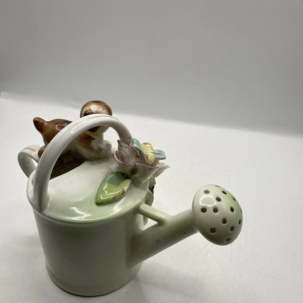 Vintage Lefton Mini Watering Can Creamer Cat Bee Hand Painted Japan